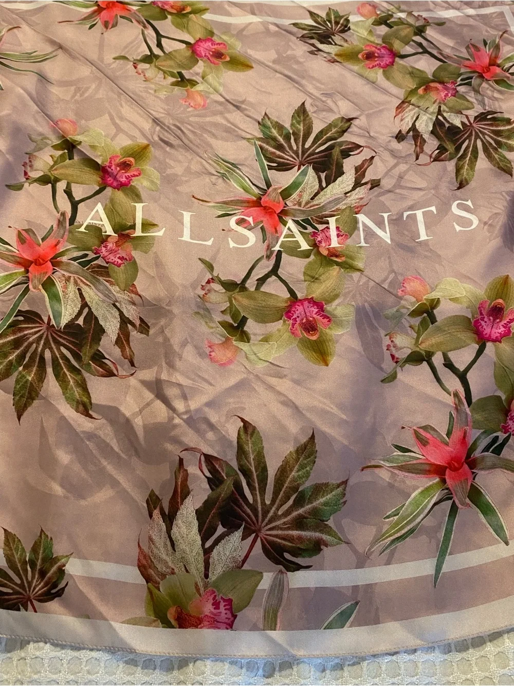 NWT AllSaints Adena Pink Square Blush 100% Silk Floral Scarf 30x30 inç